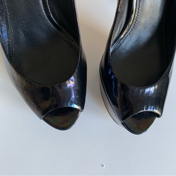 Brian Atwood Bambola iridescent patent leather Peep toe high heel Adriadic Black - Picture 10 of 13
